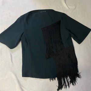 Zara Woman Dark Green Top with Black Fringe Short Sleeved Top Size XS